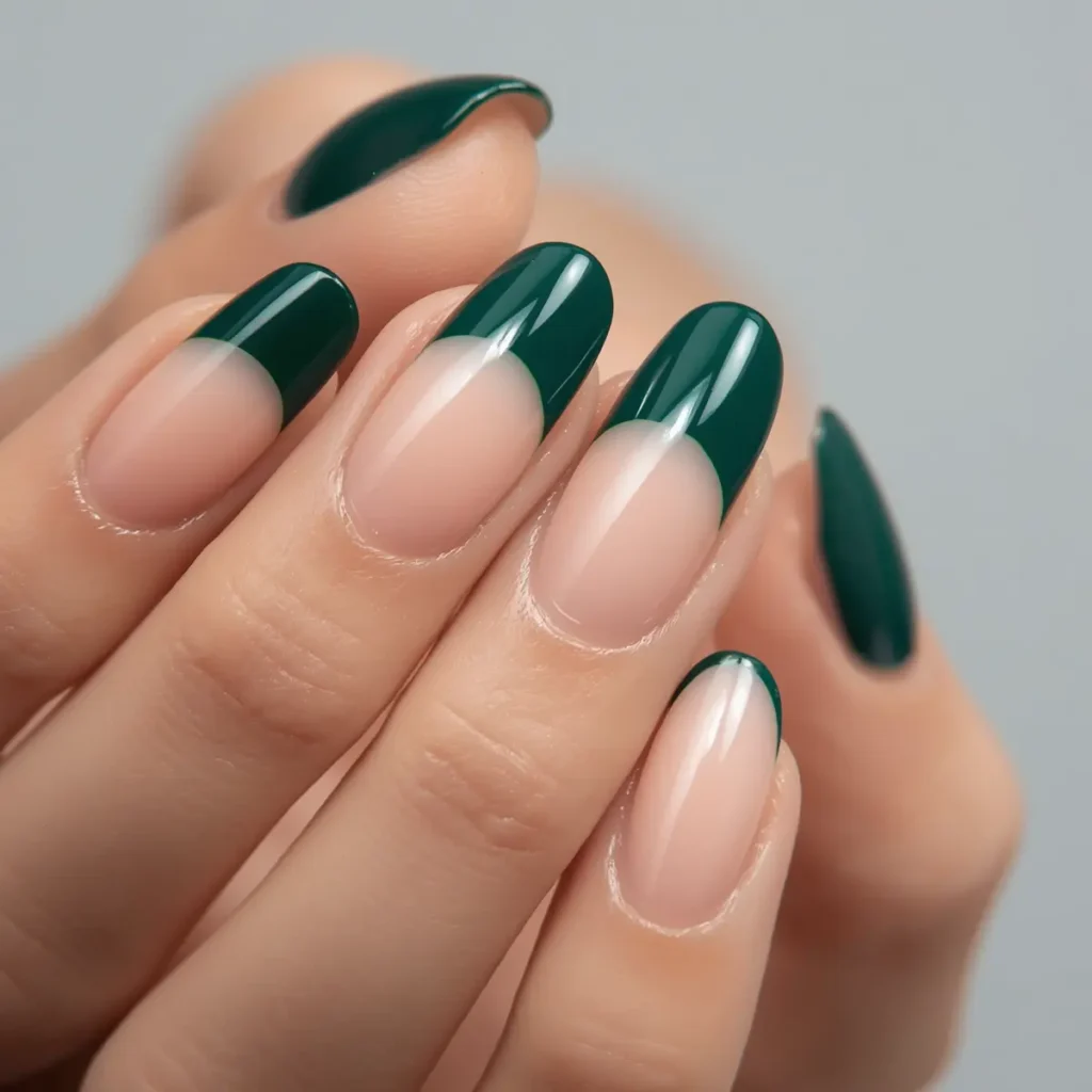 Dark Green Cat-Eye French nails