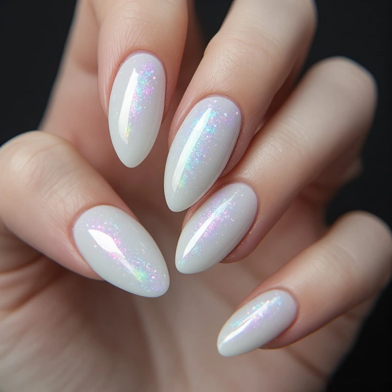 Cloud Dancer glazed pearl chrome nails