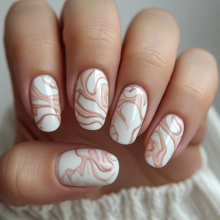 Cloud Dancer milky white marble nails with soft pink