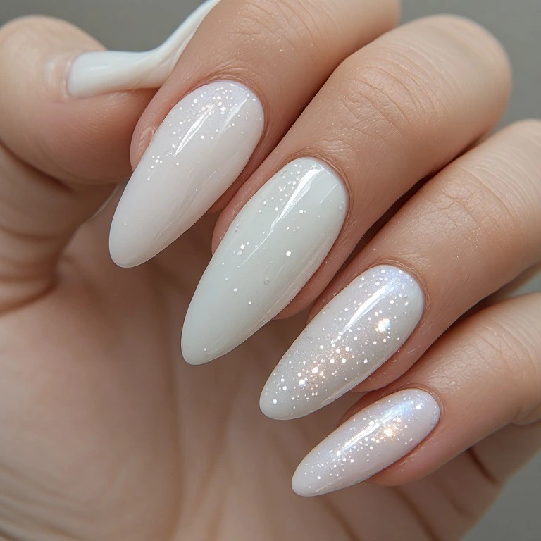 Cloud Dancer nails in glossy matte and pearl finishes