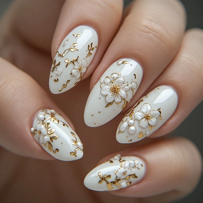 Cloud Dancer nails with blooming white flowers and gold foil