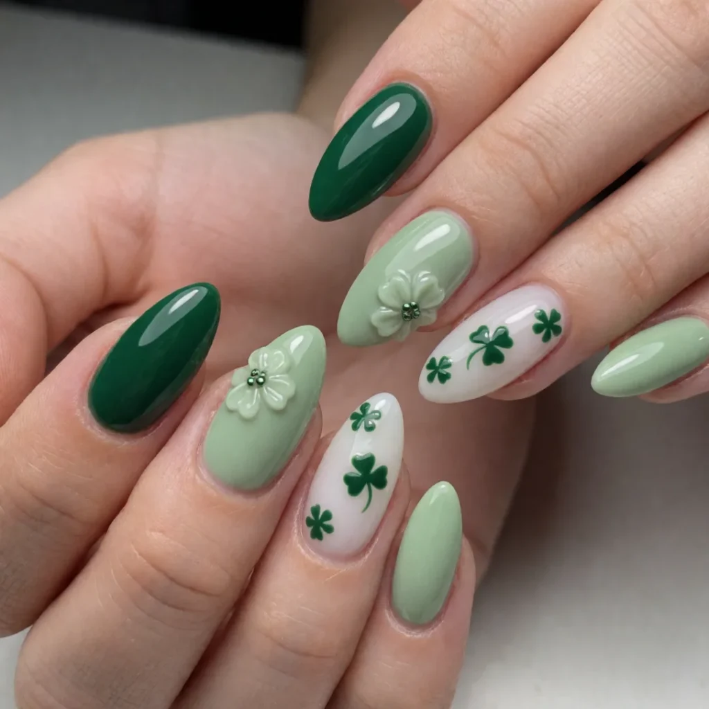 Green and white mix and match St. Patrick’s Day nails