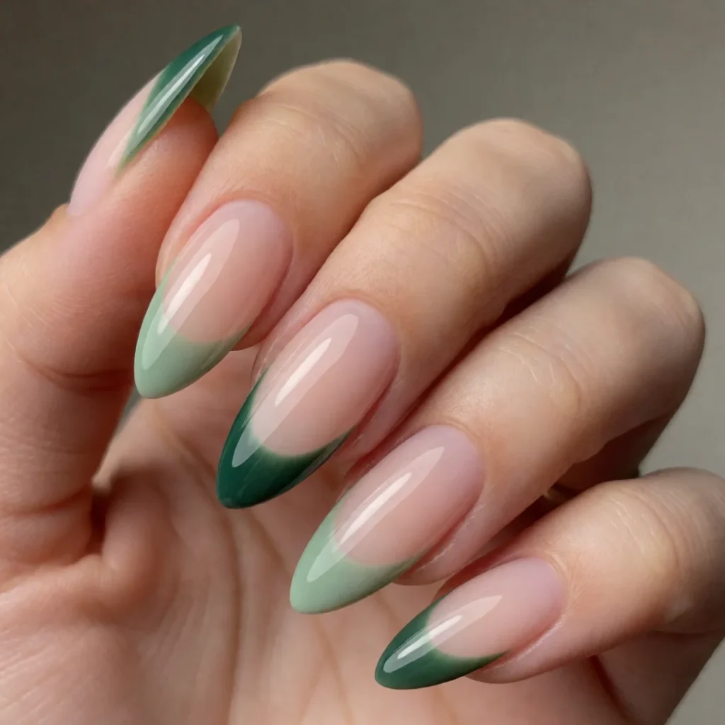 Green gradient French tip nails