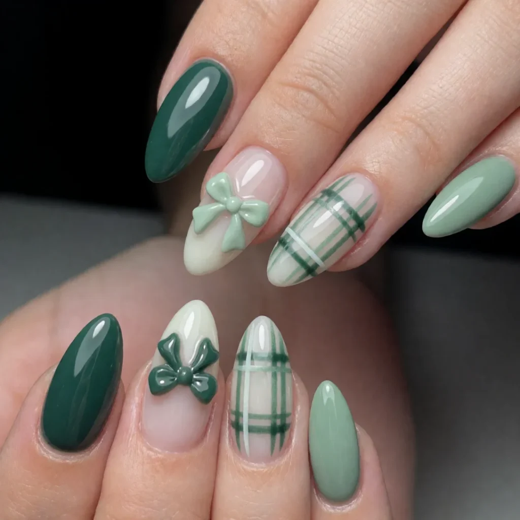 Green plaid nails with bow accents