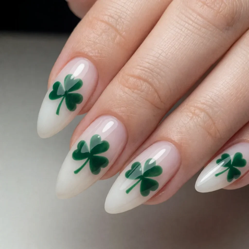 Milky white nails with green chrome shamrocks