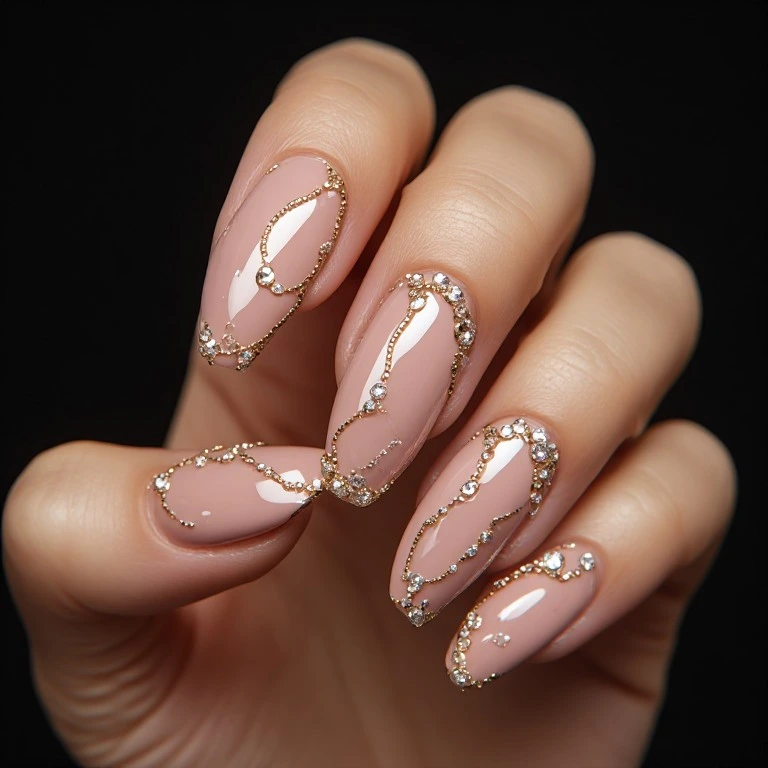 Nude manicure with emerald gemstone accent