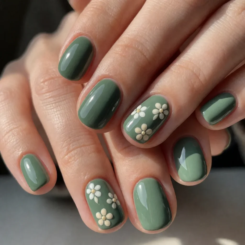 Short green nails with floral accents