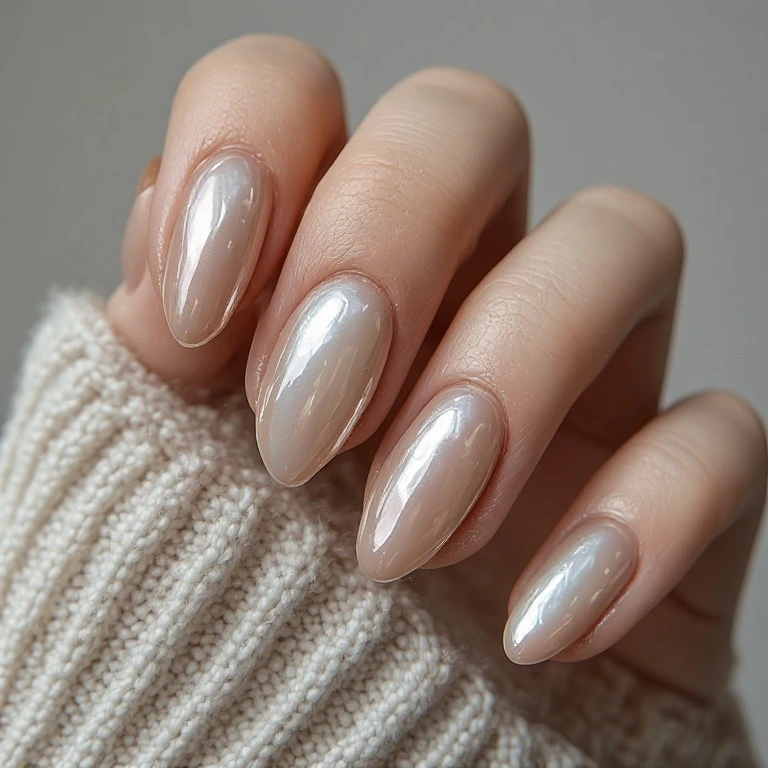 Soft pearl chrome manicure