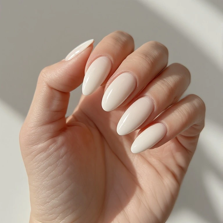 Soft warm white Cloud Dancer almond manicure