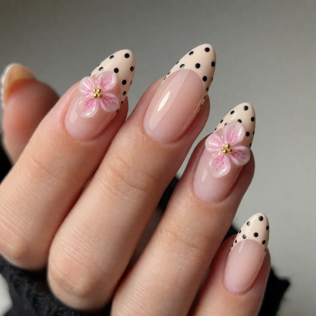 black dotted French tip nails