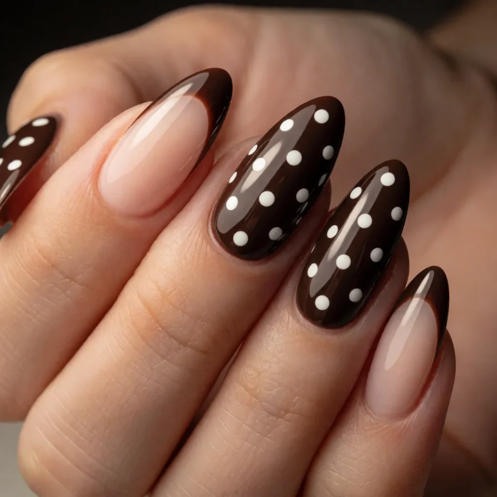 brown and white polka dot nails