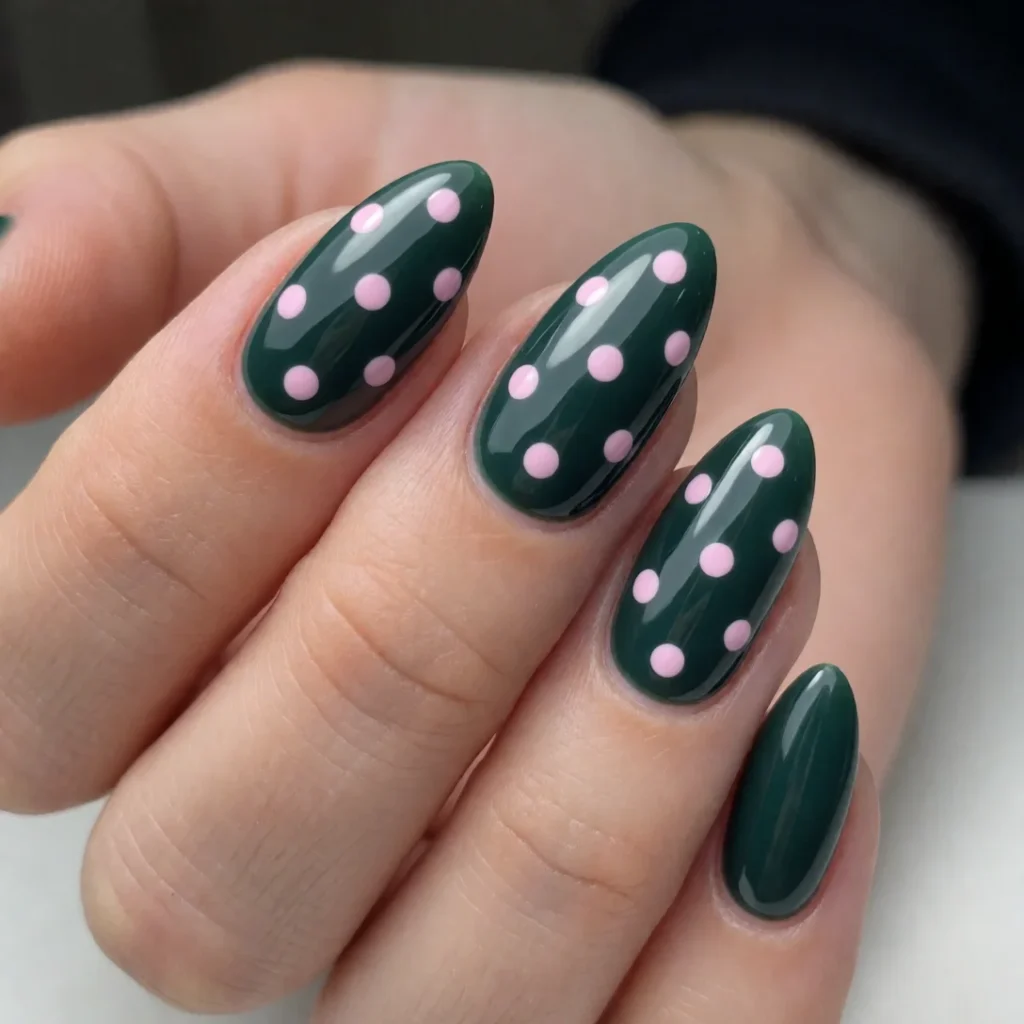 dark green pink polka dot nails