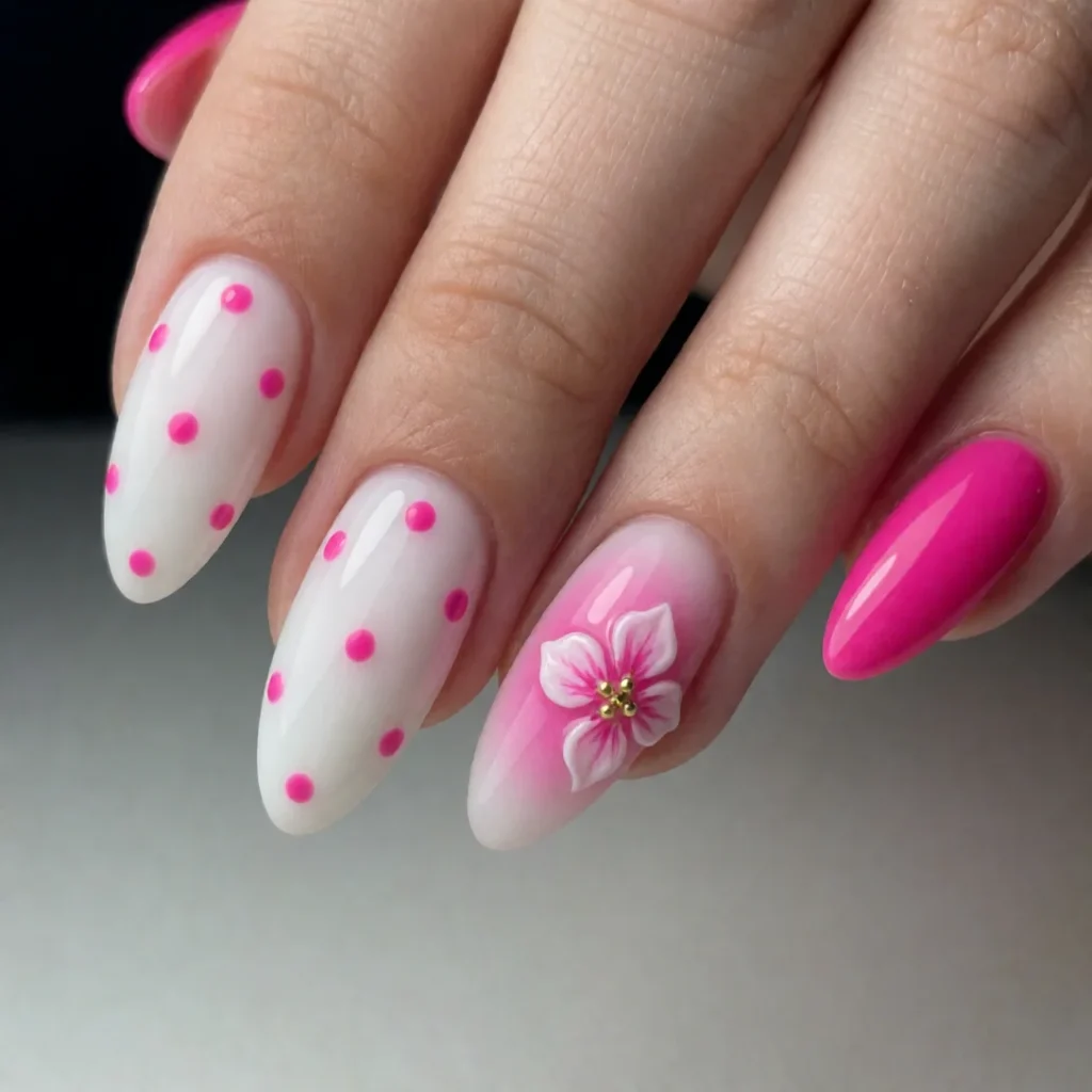 hot pink and white polka dot nails