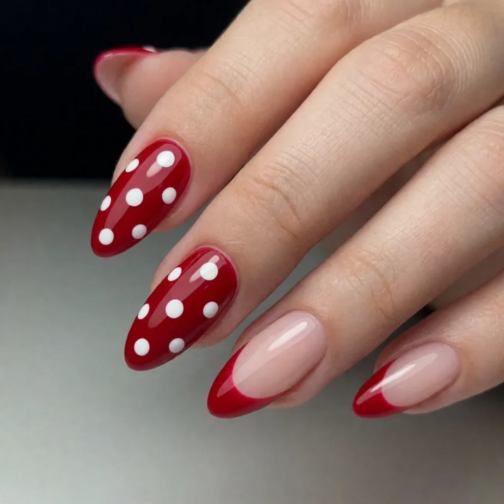 large red white polka dot nails