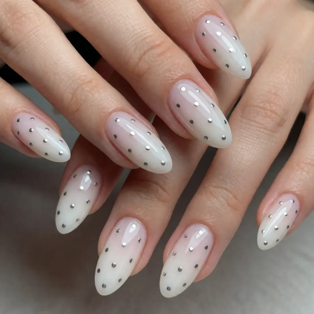milky white silver polka dot nails