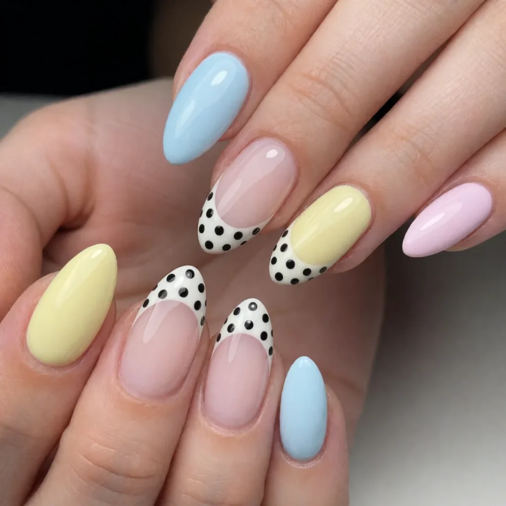 pastel black polka dot nails