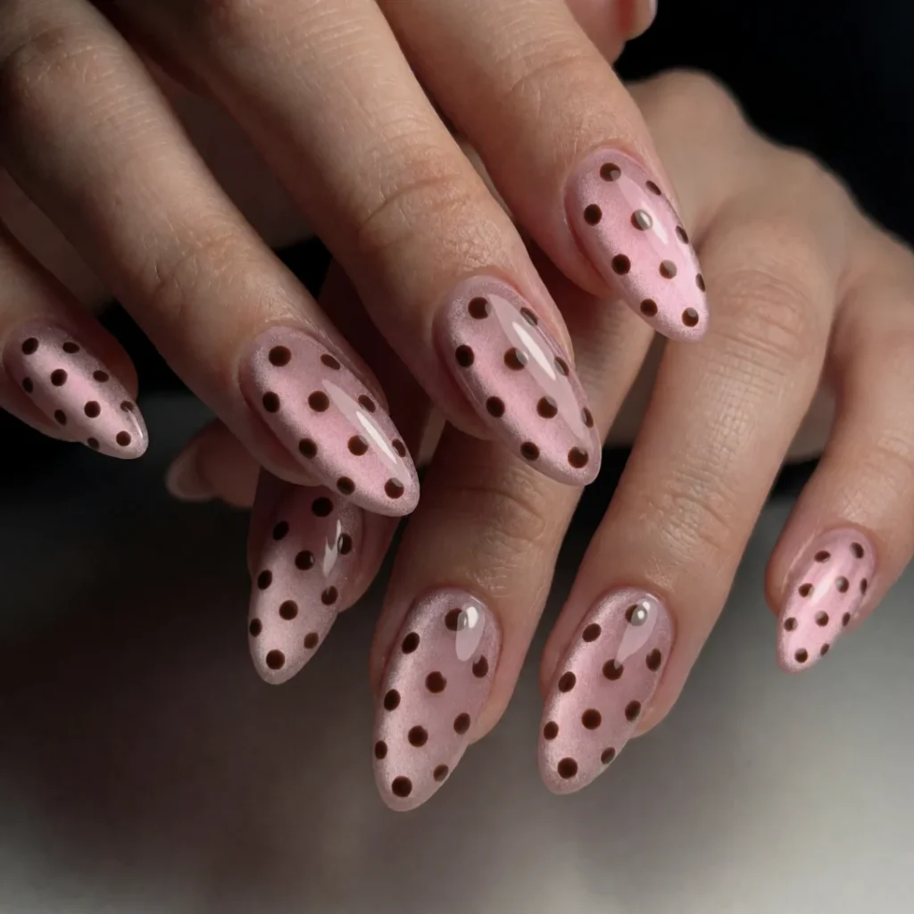 pink cat eye polka dot nails