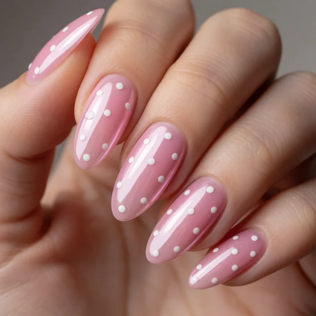 pink chrome polka dot nails