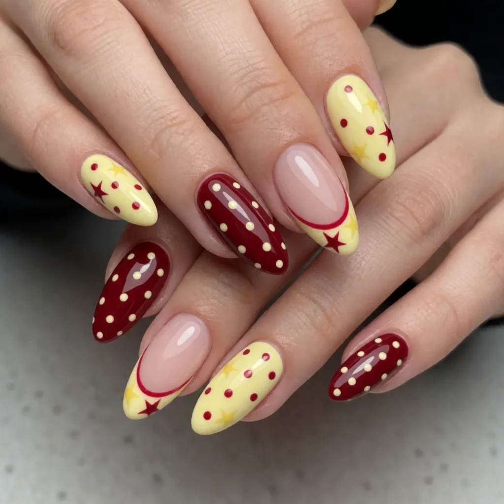 red and yellow polka dot nails
