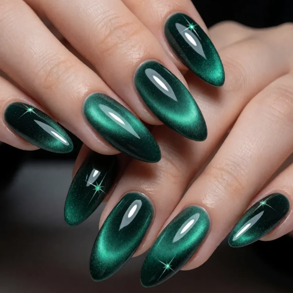 Emerald green cat eye nails with stars