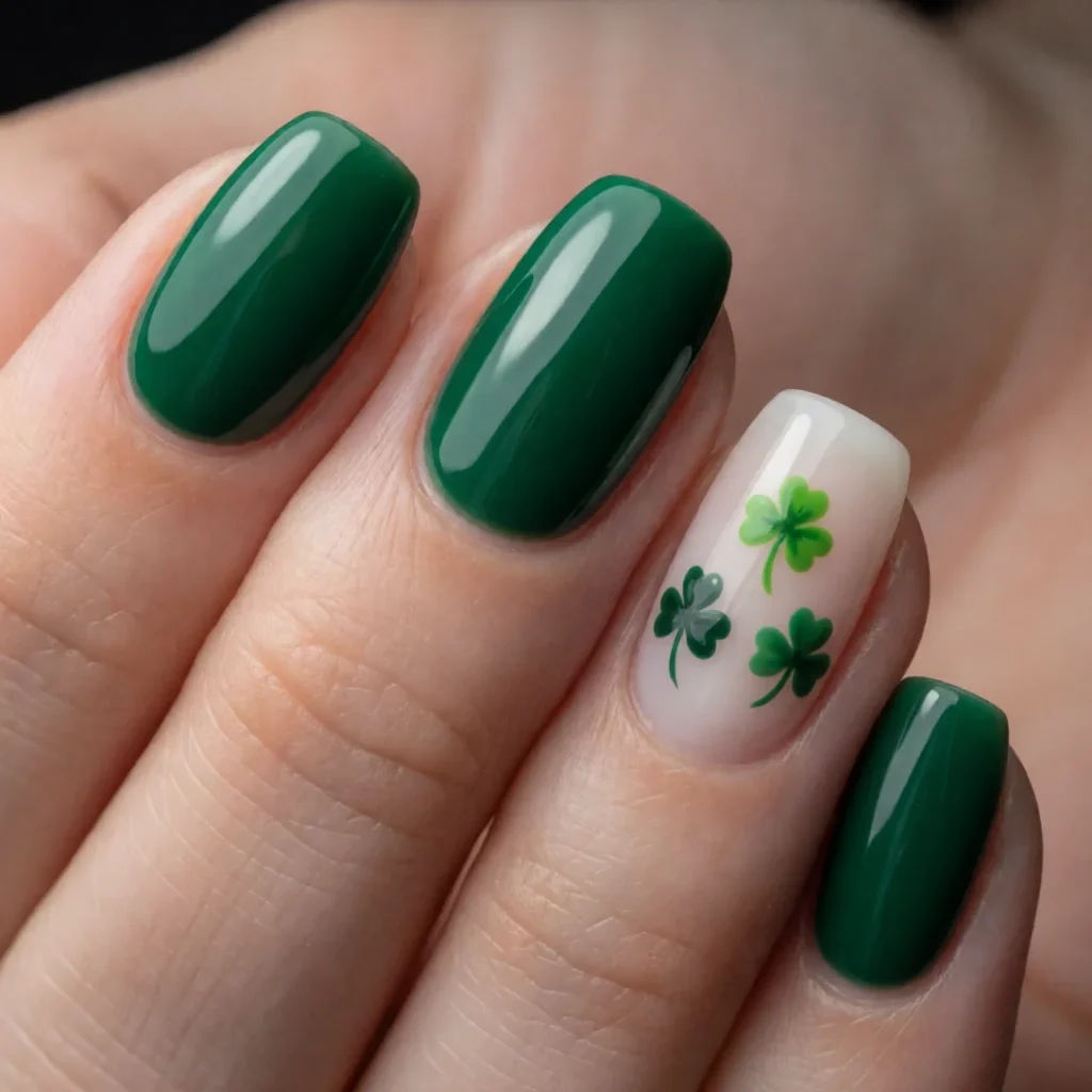 Emerald nails with tiny green clovers