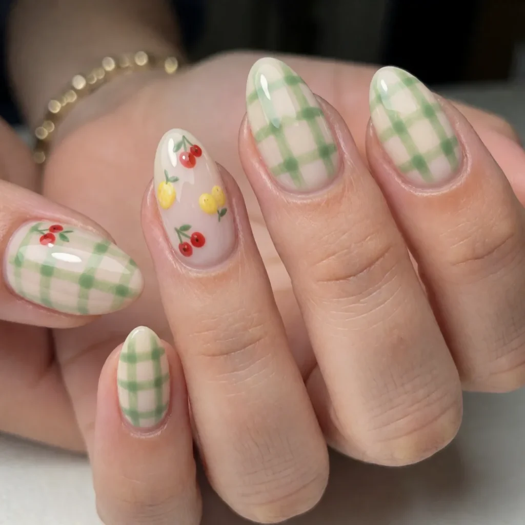 Green and beige picnic nails