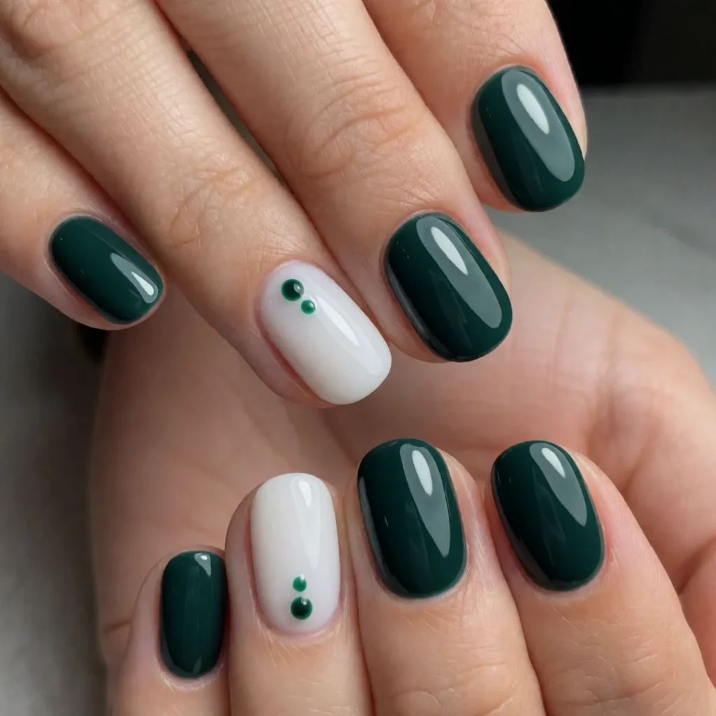 Green and white nails with dot accents