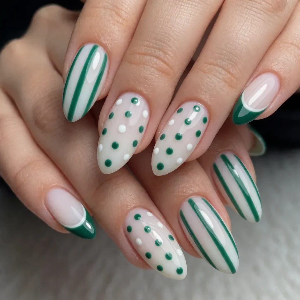 Green and white striped and dotted nails