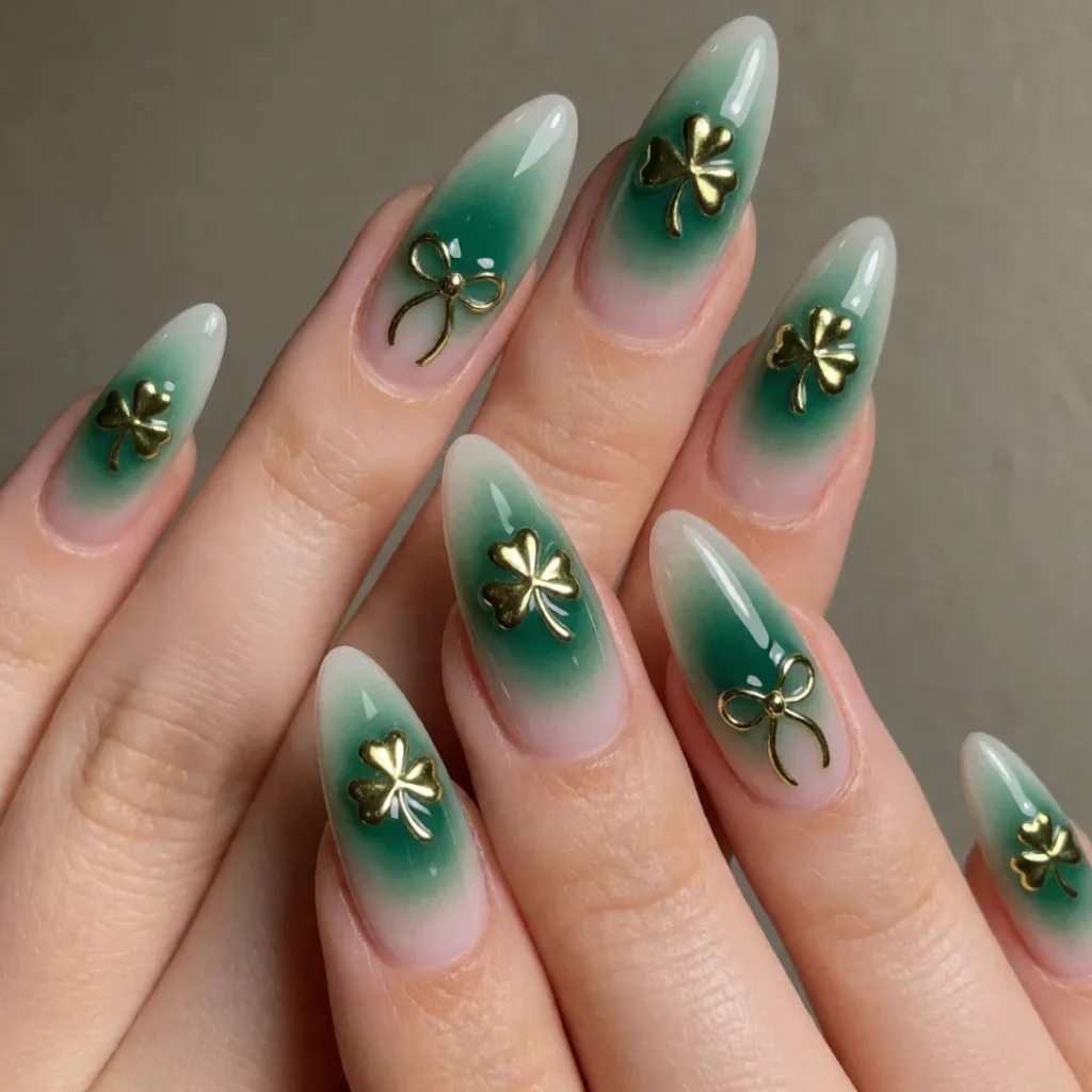 Green aura nails with gold chrome shamrocks