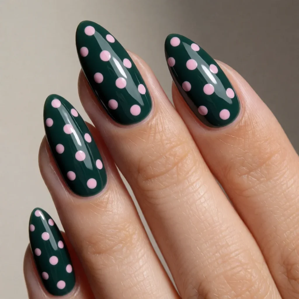 Green nails with pink polka dots