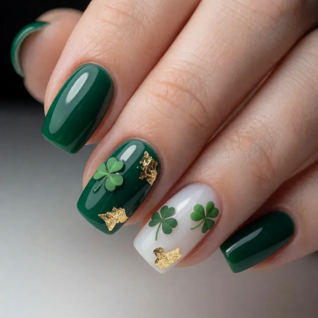 Green nails with tiny shamrocks and gold foil