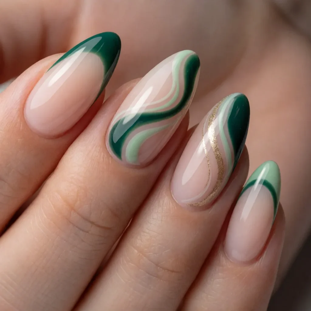 Green swirl nails with gold accents