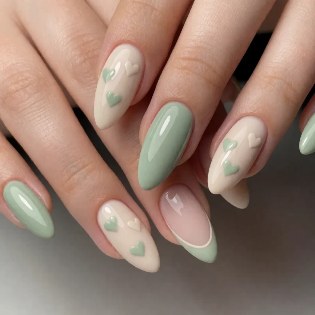 Sage green and beige heart nails