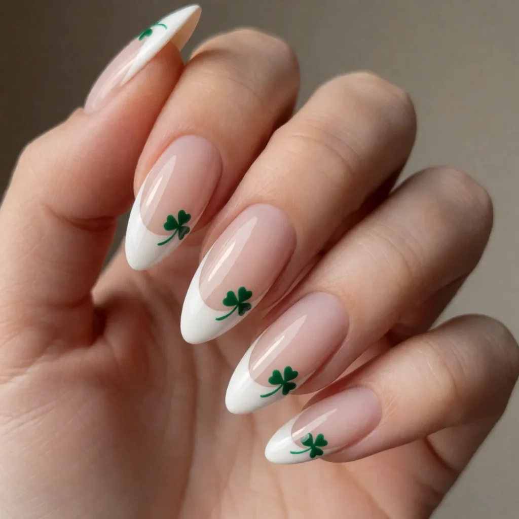 White French nails with green clovers