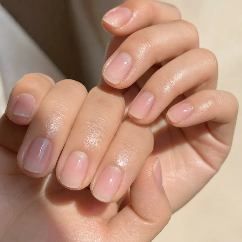 Grown-out sheer pink soap nails