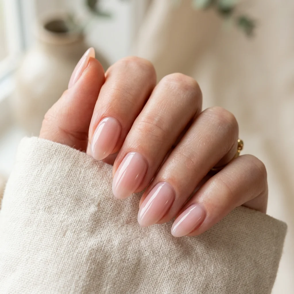 Short glossy milky pink soap nails
